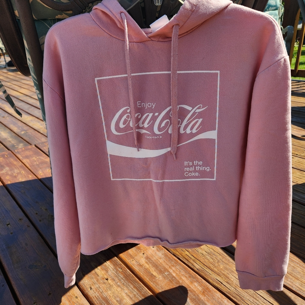 Coca Cola Pink White Wave Boxy Crop Hoodie XL